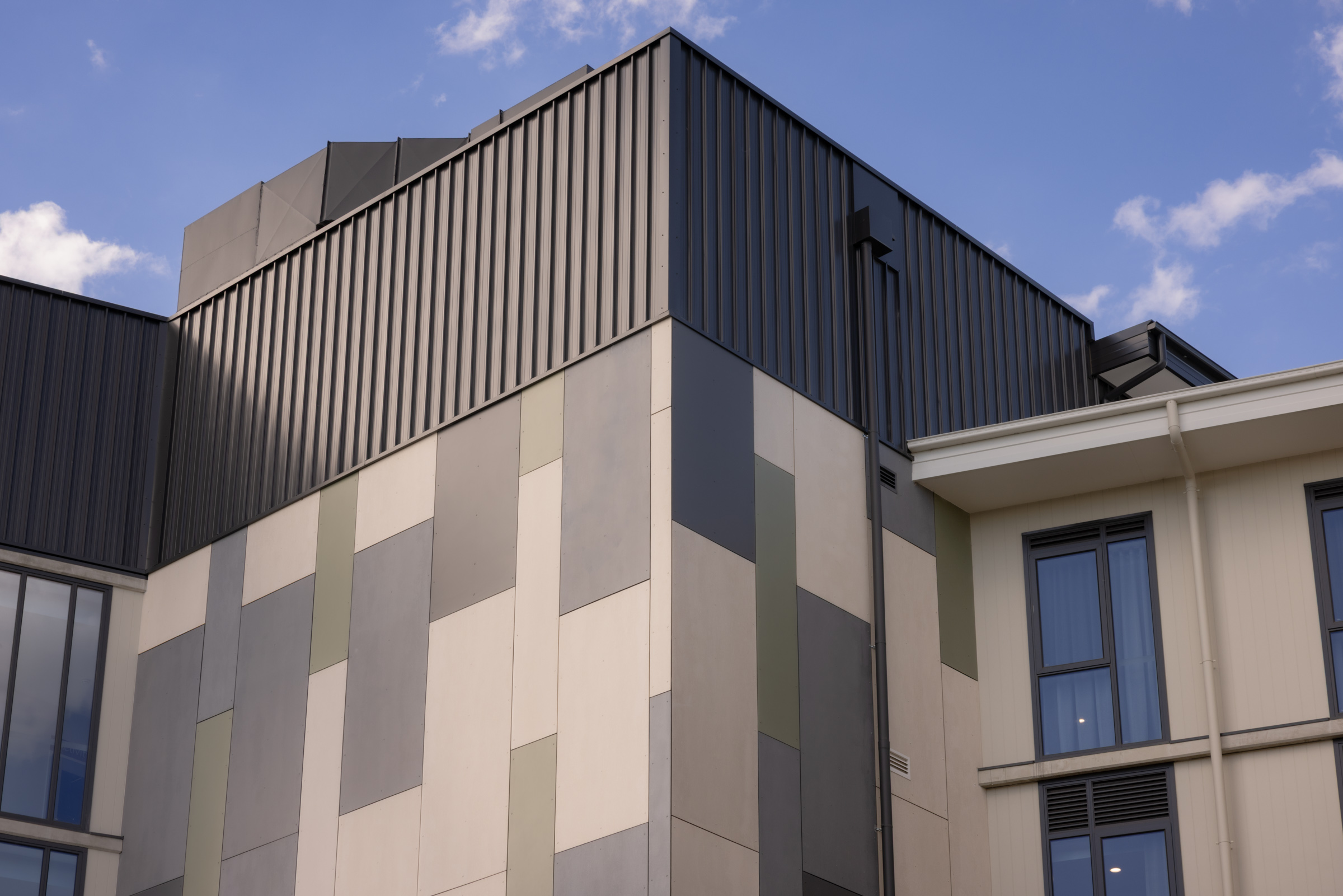 Architectural façade detailing with metal cladding at Infin8 Care Knoxfield