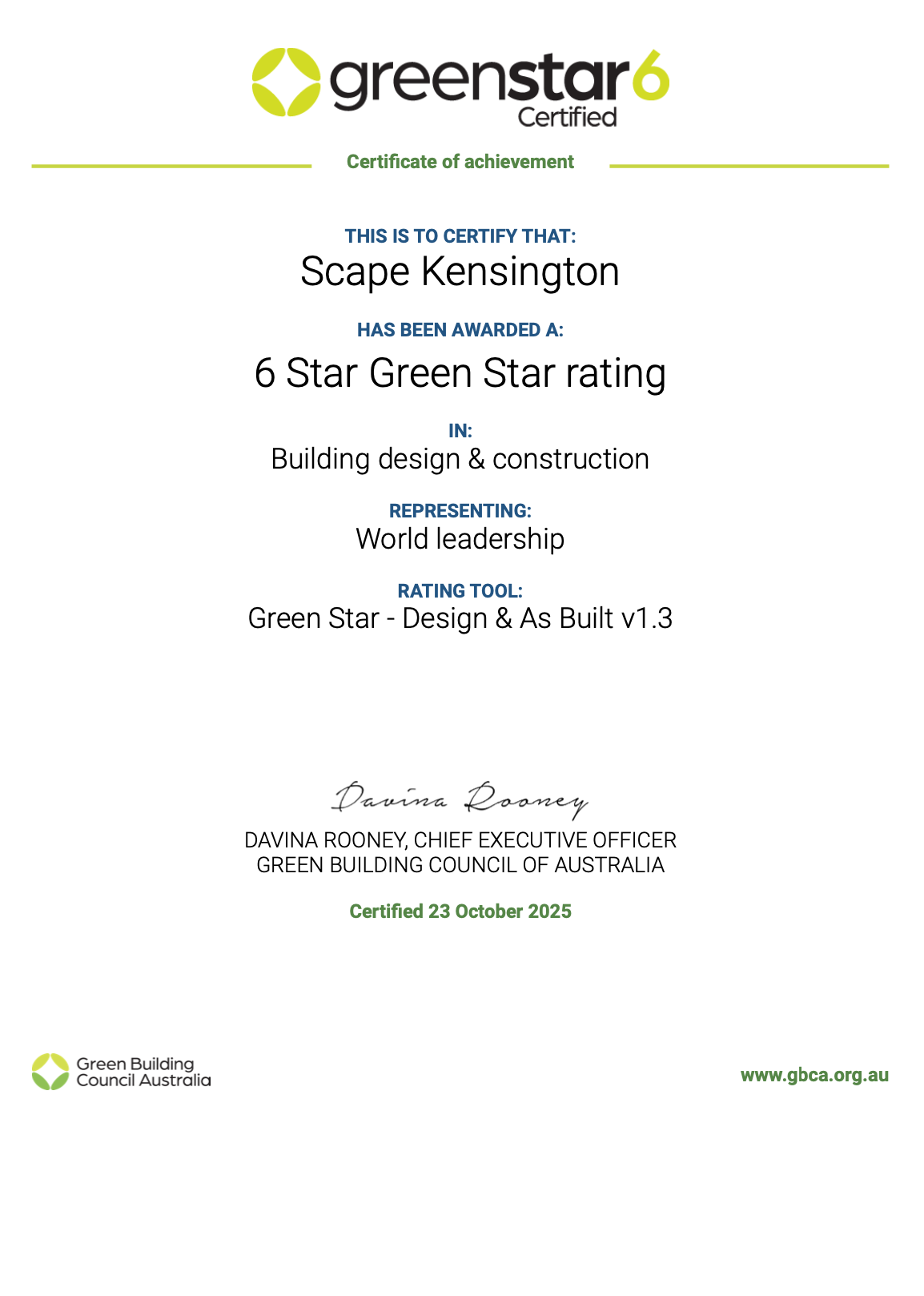 Green Building Council 6 Star Rating
