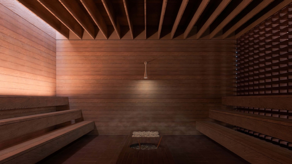 indoor bathhouse space with warm material palette RITZ&GHOUGASSIAN architecture