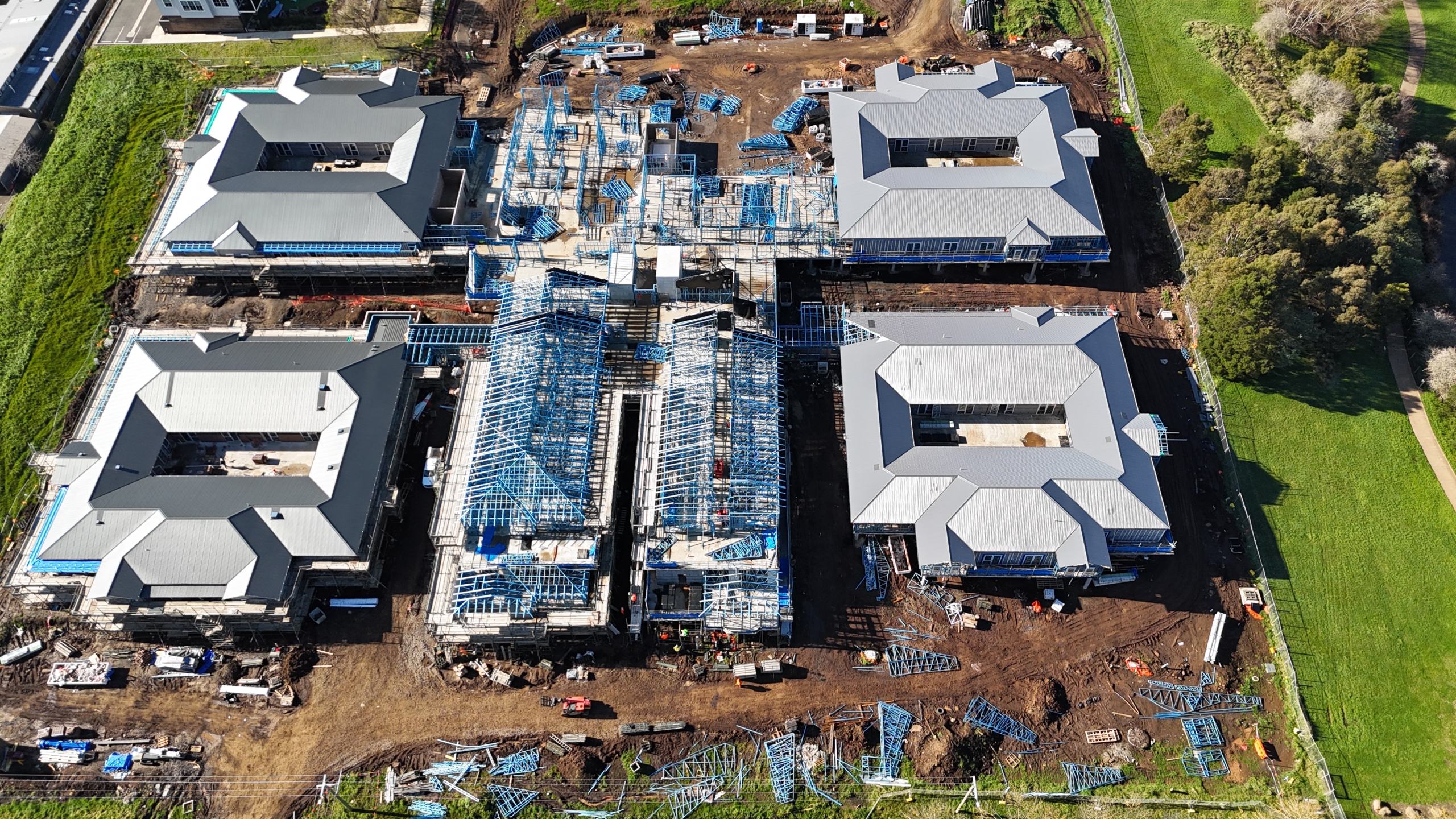 Top-down aerial view of Embracia Aged Care Stage 2 under construction in Kyneton, Victoria.
