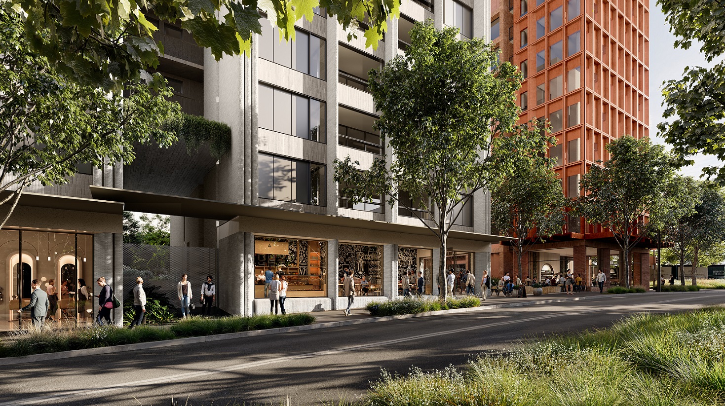 acacia apartments alexandria south entry render South entry and ground-floor streetscape at Acacia Apartments in Alexandria
